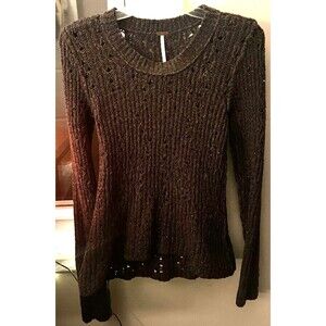 Free People Anthropologie Deep Brown/Gray Eyelet Knit Sweater Sz Small Boho Chic
